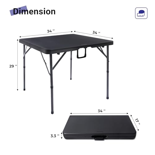 Byliable 34" Square Folding Card Table, Fold-in-Half Utility Dining Portable Table Heavy Duty HDPE Plastic Foldable with Carrying Handle Indoor Outdoor for Picnic, Camping, Party, Black by Byliable - Image 2