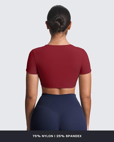 Image of Aoxjox Short Sleeve Crop Tops for Women Sienna Twist Deep V Workout Cropped T Shirt Top (Rumba Red, Small)