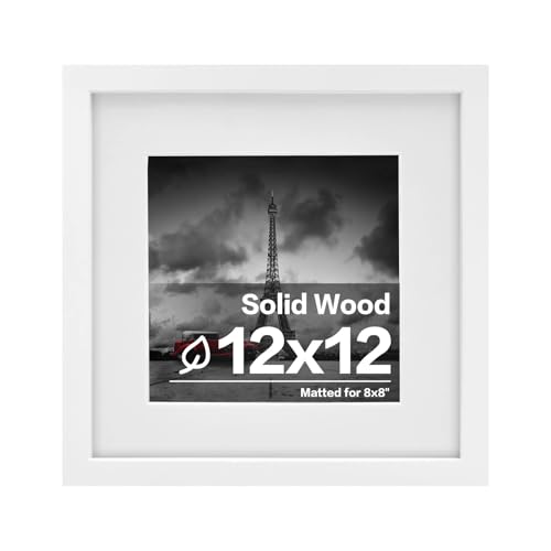 Egofine 12x12 Picture Frame, Made of Solid Wood with Plexiglass, for Tabletop and Wall Hanging Display Picture 8x8 with Mat or 12x12 Without Mat, White