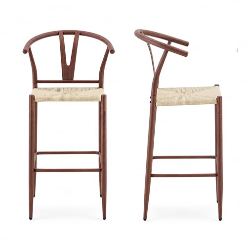 KEIKI Woven Bar Stools Set of 2, Counter Height Bar Stools with Metal Legs, Mid Century Modern Upholstered Kitchen Barstools for Kitchen Island Dining Room, Natural Rope Pattern, Easy Assembly, Walnut by KEIKI - Used condition - Image 7