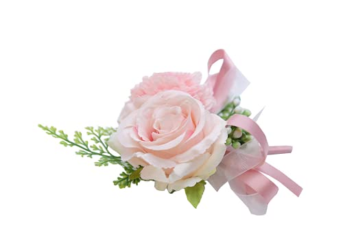 Rikyo 2 Pack Flower Wrist Corsage Boutonniere Set,3" Artificial Rose Carnation Wrist Corsage and Men Boutonniere Set,DIY Silk Flower for Wedding Flowers Accessories Prom Suit Decor (Pink)