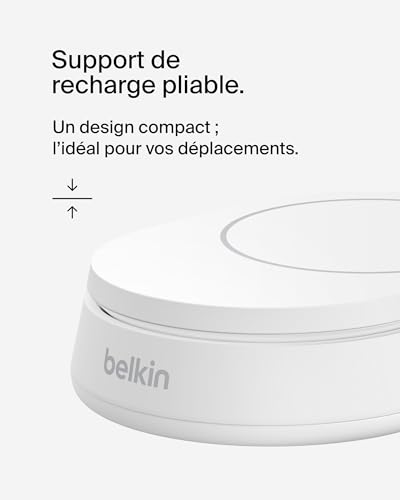 Belkin BoostCharge Pro chargeur sans fil magnétique et pliable, chargeur Qi2 15W, support de recharge Qi2, chargeur induction compatible MagSafe, pour Apple iPhone 16/15/14, AirPods Pro - Blanc