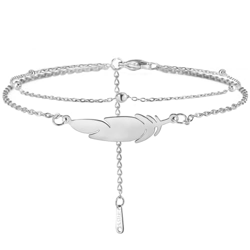 Dreamtimes Chaîne de Pied Femmes Coloré Argent Plume Acier Inoxydable Double Beach Style Mode Bohème Bijoux Accessoires pour Femmes