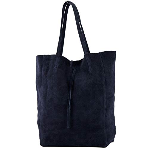 modamoda de T163 Damen Leder Shopper Schultertasche Large mit Innentasche handmade in Italy, Farbe:Dunkelblau Wildleder