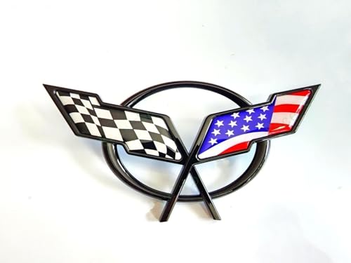 Image of 1Pc Corvette C5 Front Nose Cross Flags Emblem 3D Badge Nameplate Sticker Decal 19207384 Fit for 1997-2001 Corvette Crossed Flags (Front - w /Alignment Pins) (US Flag-Black /Blue)