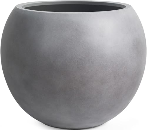 13.5" H x 17" Dia Round Gray Fiberstone Planter Pot with Drainage Hole, Lightweight UV-Resistant Decorative Planter for Olive Trees, Bird of Paradise & Monstera, Indoor Outdoor Patio, Porch & Garden