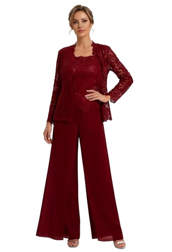 Infuness 3 Teilig Hosenanzug Damen Festlich Chiffon Brautmutter Anzug für Hochzeit Elegant Party Jumpsuit mit Spitzenjacke
