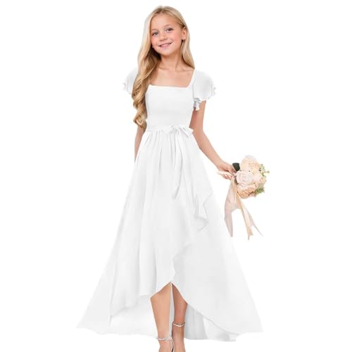 Mjjsk Vestito da bambina, elegante, estivo, in chiffon, con volant,