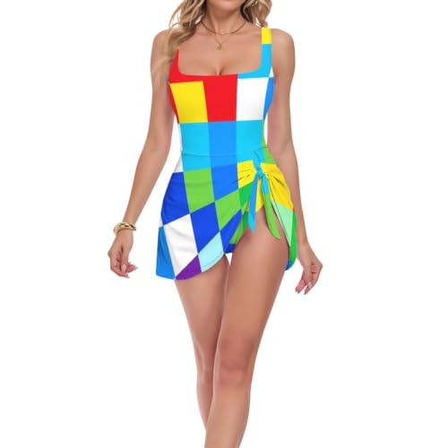 Maillot de bain 1 pièce à carreaux colorés pour femme avec faja gainante