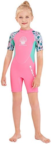 Wetsuit Kids Shorty Neoprene Thermal Diving Swimsuit 2.5MM for Girls Boys Child Teen Youth Toddler, One Piece Children Rash Guard Swimming Suit UV Protection Sunsuit for Surfing (Girl Pink, M)