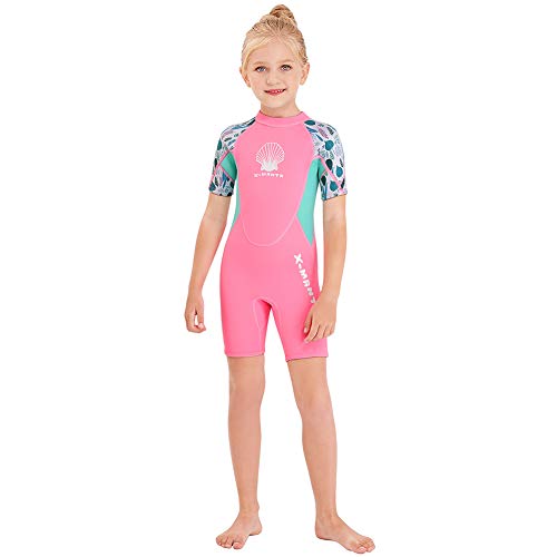 Wetsuit Kids Shorty Neoprene Thermal Diving Swimsuit 2.5MM for Girls Boys Child Teen Youth Toddler, One Piece Children Rash Guard Swimming Suit UV Protection Sunsuit for Surfing (Girl Pink, S) by Skyone - Used condition - US$18.76
