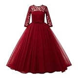 Enfants Fille Robe de Cérémonie 3/4 Manches Longues en Dentelle Princesse Longue avec Bowknot Demoiselle d'honneur Robe de Soirée Mariage Robes De Première Anniversaire Fête Bal Cocktail (3-4 Years)