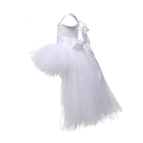 Handmade Girls Tutu Dresses High Low Flower Girls Lace Tulle Dress For Kids Wedding Bridesmaid Pageant Party Prom Formal Gown Princess Long Birthday Photography Prop Special Occasion Dress White 5-6 #TOP3