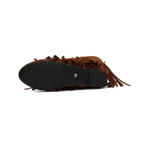 Women's Suede Tassels Mid Calf Boots Outdoor Western Fringe Cowgirl Booties Retro Pointed Toe Internal Height Increase Slip-on Ankle Boots4