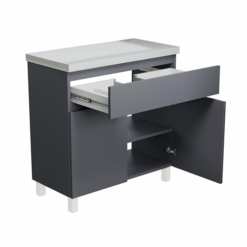 paplinskimoebel Meuble Salle de Bain Ariza Top avec Plan Bois pour Vasque à Poser | Tiroir avec Emplacement Syphon | Suspendu ou sur Pieds |Gris Mat - 80 cm