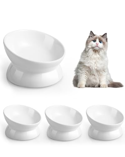 LoeJan Elevated Cat Food Bowl, 5 Oz Ceramic Raised and Tilted Water Bowl, Anti Vomiting and Protect Pets' Spines Dishes for Small Dog, Fat Faced Cat, Kitten (White, 4 Pack)