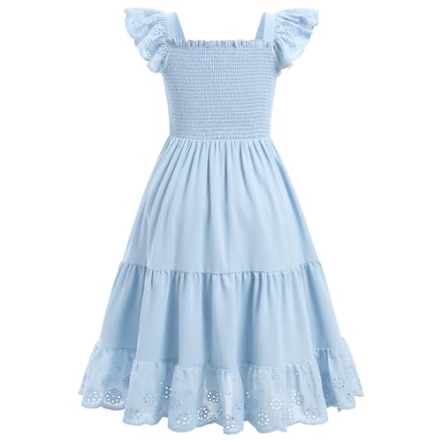 AWIBMK Mommy and Me Dress Boho Summer Casual Holiday Mother Daughter Matching Ruffle Sleeve A-line Tiered Smocked Dress4