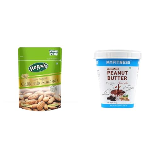 Image of Happilo 100% Natural Premium California Dried Almonds 500g Pack Pouch & MYFITNESS Chocolate Peanut Butter Smooth 510g | 22g Protein