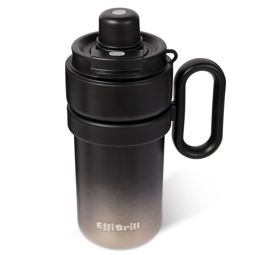 EffiBrill Insulated Travel Coffee Mug - 16 oz Stainless Steel Tumbler with Straw, Leak Proof Lid & Handle, Double Wall Vacuum for Hot/Cold Retention, Gym & Commute, Black