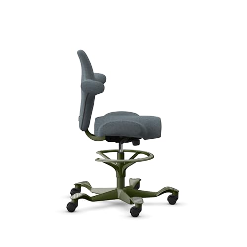 Image of HAG Capisco Sit to Stand Chair-Moss Green Frame-Upholstered Dark Gray-with Foot Ring