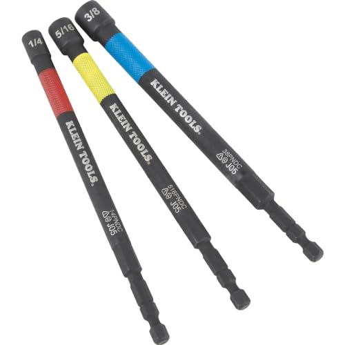 Image of Klein Tools 65411PK3 Magnetic Color-Coded Power Nut Setter Set, 1 /4-Inch Impact Hex Drive, 5-Inch Shaft, Extended Reach, 3-Piece