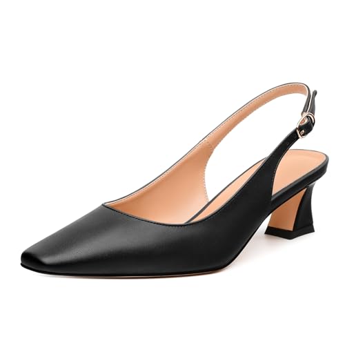 Womens Pumps, Square Toe Small Chunky Heel Slingbacks for Women, Leather Insole Slingback Pumps Buckle Closure 2