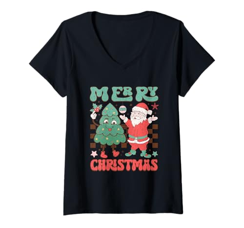 Mujer Feliz Navidad Santa Tree Festive Fun Camiseta Cuello V