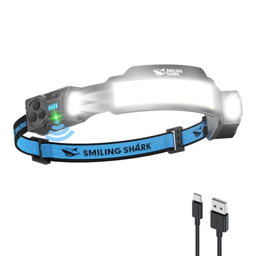 Smiling Shark ヘッドライト TS-4 【新登場・超高輝度COBライト*4・調節な集光ライト】高輝度ヘッドライト Type-C充電式 LEDヘッドランプ 強力 5つ照明モード 点滅 270°広角照明 人感センサー付き 300°角度調整 8時間連続使用可能 IPX4 防水防塵 多機能 釣り/登山/散歩/キャンプ/作業/災害/停電最適 一個入り 日本語取扱説明書