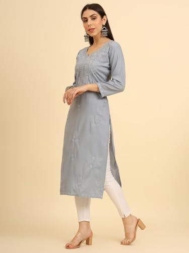 Image of Women's Chikankari-Lucknowi Embroidered Work | 3 /4 Sleeve | Knee Length | Round Neck | Cotton Fabric | Straight Kurta