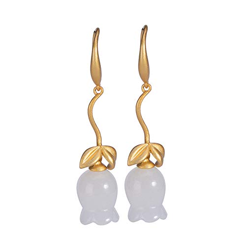 THTHT Vintage Largo Aretes De Plata Esterlina S925 Mujeres Jade Blanco Dorado Bell Flower Encanto Elegante De Estilo Chino De Gama Alta De Temperamento Temperamento Don