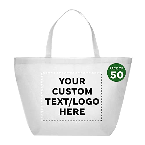 DISCOUNT PROMOS Custom Southern Style Grocery Tote Bags Set of 50 - Personalized Bulk Pack, Reusable Grocery & Shopping Bags - Great for Travel, Carry on Bag, Business Promotions - White - 20"X13"X8"
