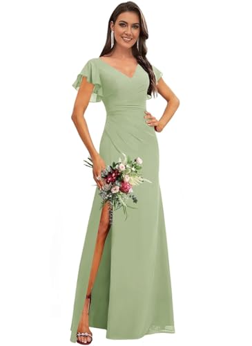 Image of Womens Elegant Bridesmaid Dresses Long with Ruffles Empire Waist Pleated V Neck Dusty Sage Formal Dress for Wedding with Slit US Size 8
