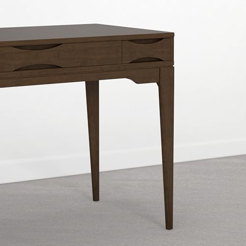 Image of SIMPLIHOME Harper Small Desk - 48 Inch Wide Solid Wood Writing Desk in Dark Brown Chestnut, Mid-Century Modern Home Office Computer Table for Study with 2 Drawers and Flip-Down Keyboard Tray