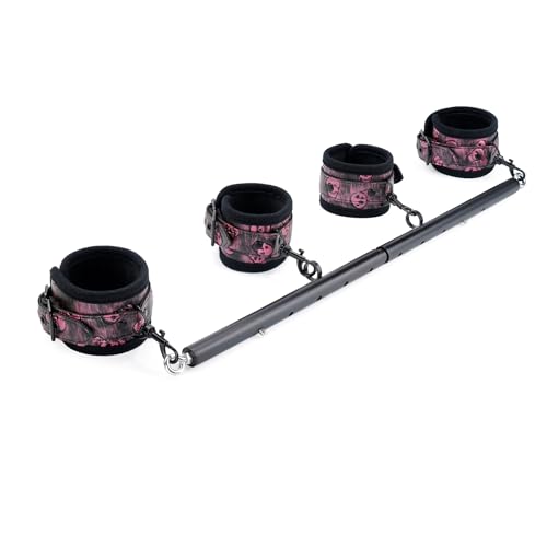 Spreader Bar Heavy Duty Stainless Steel Expandable Exercise Black Metal Bar with 4 pcs Black Adjustable Straps, Yoga Training Fitness Gear, Workout Bar, Home Gym Kit (Black+Black-Pink Kit)