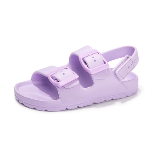 FUNKYMONKEY Unisex-Child Slides Adjustable Double Buckle and Back Strap Open Toe EVA Flat Sandals for Toddler Boys Girls (8 Toddler, Lilac/HGD)