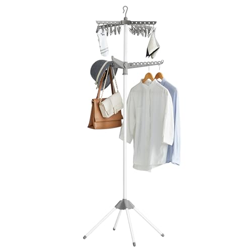 SONGMICS 2-Tier Clothes Drying Rack, 72-Inch Folding Laundry Drying Rack with 3 Rotatable Arms for Hangers, 24 Clips, Stainless Steel, for 27 Pieces of Clothes, Gray and White ULLR512G01 by SONGMICS - Used condition - US$25.55