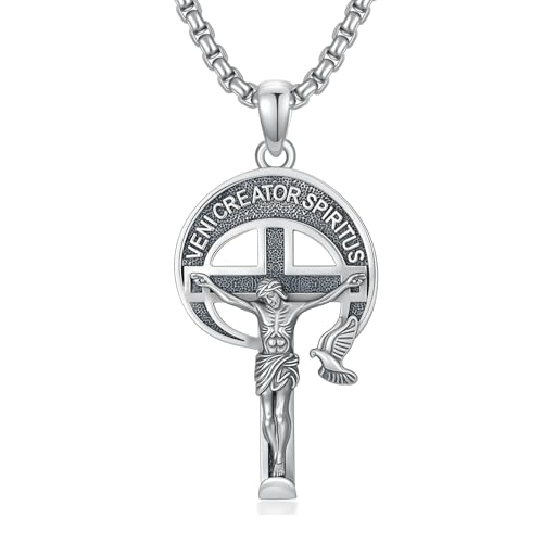 Seiyang Veni Creator Spiritus Crucifix Necklace for Men 925 Sterling Silver Crucifix Pendant Jesus Cross Necklace Amulet Protection Jewelry Religious Gifts