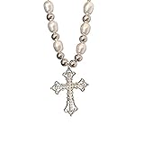 Wiwpar Celtic Rhinestone Cross Long Pendant Necklace Vintage Pearl Beaded Choker Necklace Silver for