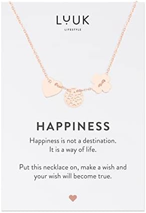 LUUK LIFESTYLE Stainless steel necklaces for women with pendant and Happiness card, lucky charm, friendship gift, women's jewellery, trendy gift idea for her, silver, gold and rose