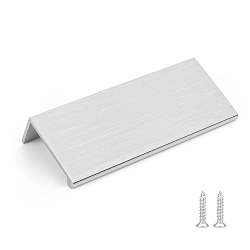 Image of Rergy 100 Pack 3 inch Cabinet Pulls Brushed Nickel Finger Pulls for Cabinets | Aluminum Alloy Silvery Edge Pulls Modern Cabinet Handles for Kitchen, Cupboard, Drawers, Dressers, Screws Included