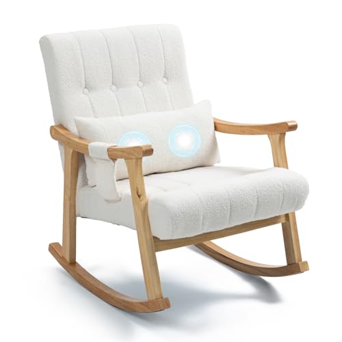 AVAWING Upholstered Rocking Chair with Massage Lumbar Support, Comfy Rocker Glider Chair for Nursery, Modern High Back Armchair for Living Room, Indoor Armchair for Petite (White)