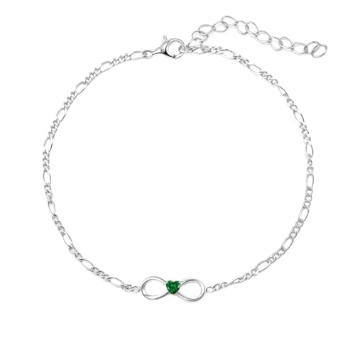 E May Birthstone Ankle Bracelet 925 Sterling Silver 2.5mm Figaro Chain Infinity Anklets for Women, 9"-11"
