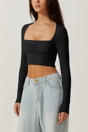 QINSEN Women's Sexy Square Neck Crop Top Long Sleeve Slim Fit Cropped T Shirts2