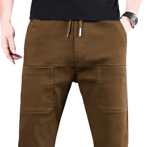 Men's Ice Silk Splicing Casual Straight Pants Multi Pocket Drawstring Solid Trousers Fall Classic Comfy Street Pant3
