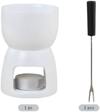 White Ceramic Chocolate Fondue Cup with Fork Set, 5.2 fl oz / 150 mL Mini Butter and Cheese Melting Pot, Sturdy Heat-Safe Design, Cheese Melting Pot for Dessert Dinners, Wedding, Party - 3