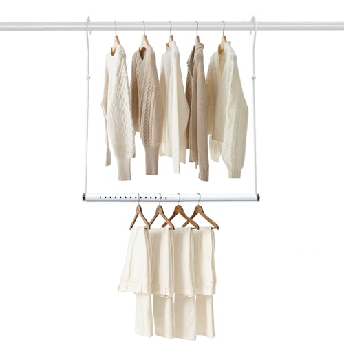 Hanging Closet Rod Extenders, Adjustable Width and Height Closet Extender Hanging Rod, Space-Saving Closet Hanging Rod, Heavy Duty Closet Bar for Hanging Clothes, 1 Pack White