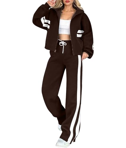Survêtement d'automne femme veste zippée Y2K et pantalon large marron