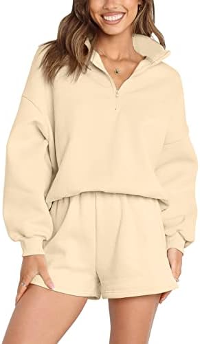 MEROKEETY Women's Oversized Matching Lounge Sets Long Sleeve Zipper Short Sweatsuit Set with Pockets, Apricot, M