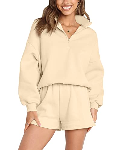 Merokeety Women's Oversized Matching Lounge Sets Long Sleeve Zipper Short Sweatsuit Set With Pockets, Apricot, M #TOP19