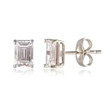 RIZILIA CLASSIC White Topaz Stud Earrings for Women - 18K White Gold Plated 7x5mm Rectangular Emerald Cut CZ, Hypoallergenic April Birthstone Solitaire Earrings with Premium Gift Box